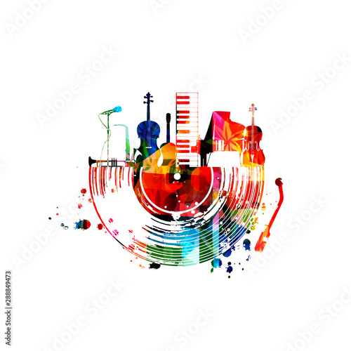 Obrazy gatunki muzyczne  tlo-muzyczne-z-kolorowych-instrumentow-muzycznych-i-ilustracji-wektorowych-plyty-winylowej