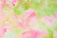 Abstract Pink-green Watercolor Background, Bright, Contrast Splashes, Drops, Smudges. Artistic Background With Paper Texture.