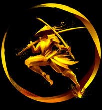 Golden Samurai In A Pointy Hat, Jumping With Two Katanas In His Hands. 2D Illustration.