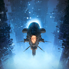Wall Mural - cruising the suburbs / 3d illustration of science fiction heavy armoured battle cruiser spaceship fl