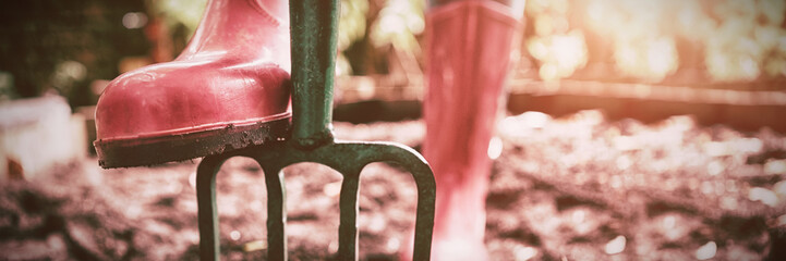 Low section of woman wearing pink rubber boot standing with gardening fork on dirt