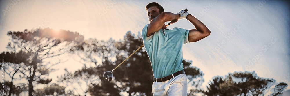 Full length of handsome golfer man taking shot - obrazy, fototapety, plakaty 