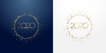 2020 In Golden Sparkling Ring With Dust Glitter Graphic On Dark Blue And White Background. Happy New Year Decorative Glowing Shiny Design For Award Celebration