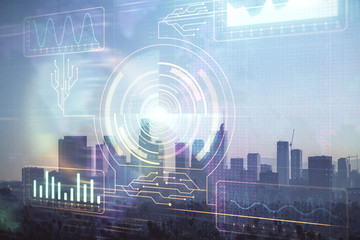 Data theme hologram drawing on city view with skyscrapers background multi exposure. Bigdata concept.