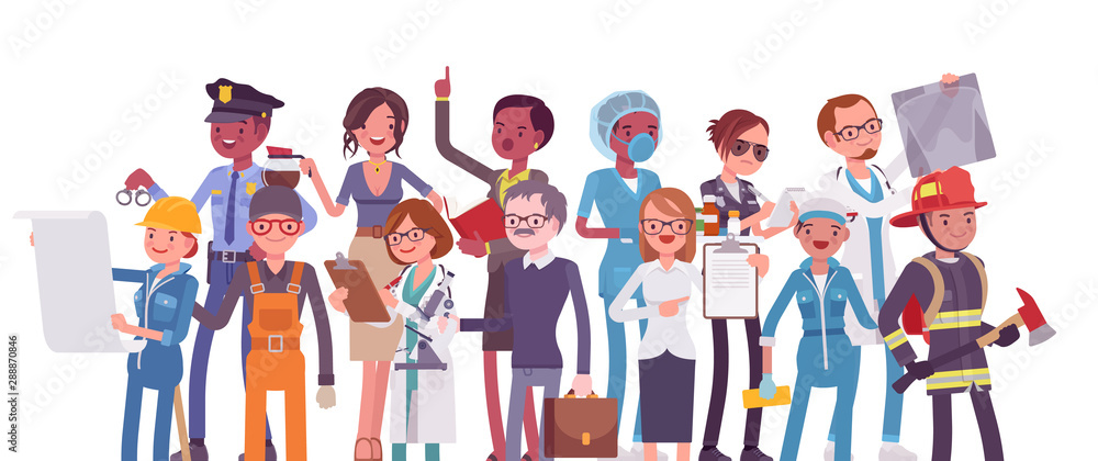 Professions jobs choosing a career. Different male and female special training education for future life successful employment. Vector flat style cartoon illustration isolated on white background Stoc...