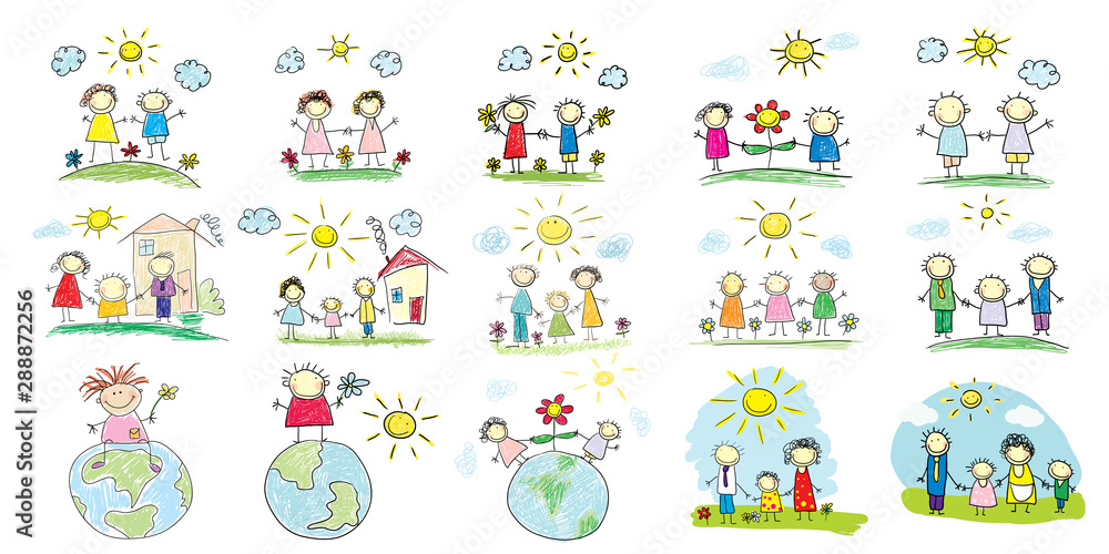 Vector doodle hand drawn set happy kids with family Stock Vector ...