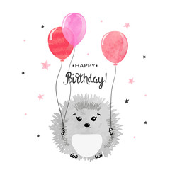 Wall Mural - Happy Birthday greeting card design with cute hedgehog and balloons