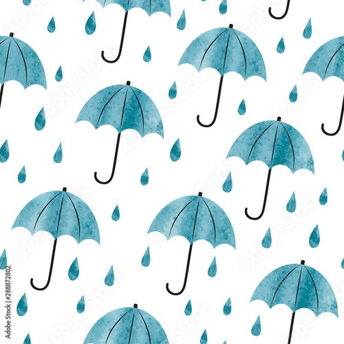 Seamless watercolor umbrellas and rain drops pattern. Autumn background.