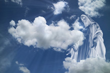 Mary In White Clouds With Light Ray From  Heaven. 