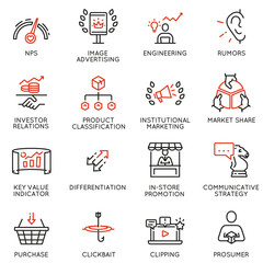 Vector set of linear icons related to business management process, advertising promotion and marketing. Mono line pictograms and infographics design elements - part 4