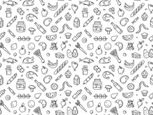 Seamless Pattern Supermarket Grosery Store Food, Drinks, Vegetables, Fruits, Fish, Meat, Dairy, Sweets