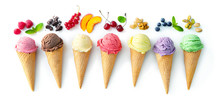 Various Varieties Of Ice Cream In Cones Isolated On White Background