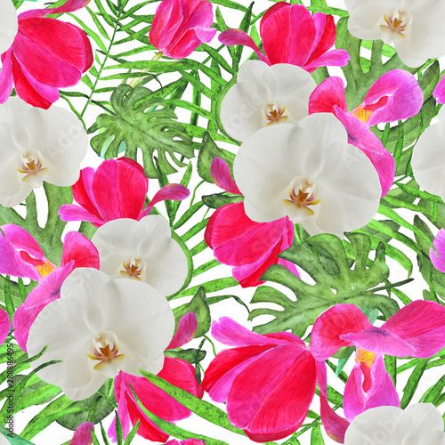 watercolor orchid tulip palm leaves and monstera tropical seamless pattern