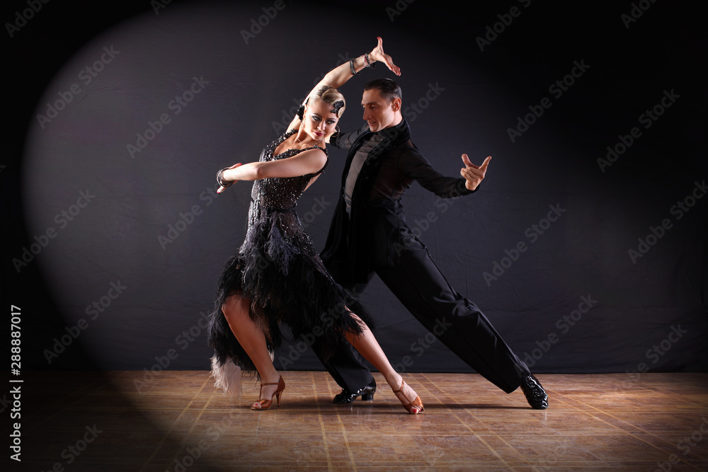 dancers in ballroom isolated on black background - obrazy, fototapety, plakaty 