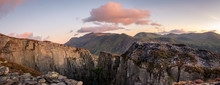 Dramatic Steep Cliff Panorama In Snowdonia National Park, Wales, UK 