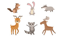 Cute Wild Forest Animals Set, Gopher, Hare, Raccoon, Deer, Elk Badger Vector Illustration