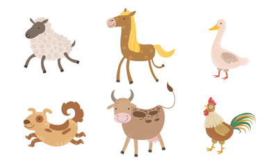 Canvas Print - Cute Farm Animals Set, Sheep, Goose, Horse, Dog, Cow, Rooster Vector Illustration