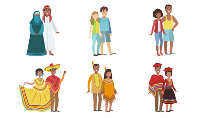 Wall Mural - Men and Women Dressed Folk Costumes of Various Countries Set, Peru, Ameican Indian, USA, Mexico, UAE Vector Illustration