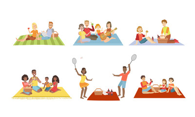 Sticker - Families Having Picnic In Park Set, People Sitting On Plaids, Eating Relaxing, Playing Badminton, Happy Couples and Kids Spending Time Together Vector Illustration