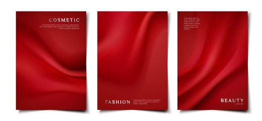Set of elegant realistic red silk fabric cover, poster, wallpaper design template for beauty and fashion product