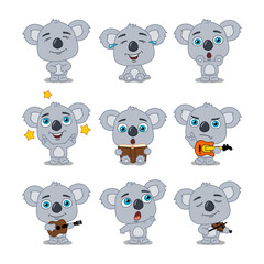 Collection of funny koala bear in cartoon style in different poses and with musical instruments isolated on white background