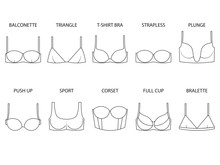 Types Of Women's Bra Isolated On White Background. Set Of Brassieres - Push Up, Sport, Full Cup, Balconette, Plunge, Bralette, Corset, Triangle, T-shirt, Strapless. Vector Illustration