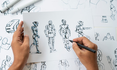 Animator designer Development designing drawing sketching development creating graphic pose characters sci-fi robot Cartoon illustration animation video game film production , animation design studio.