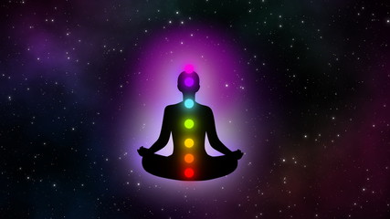 Wall Mural - Abstract meditation man with seven chakras in the universe