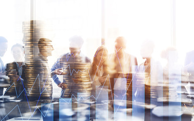Poster - Multi exposure of colleagues in office, money and financial chart