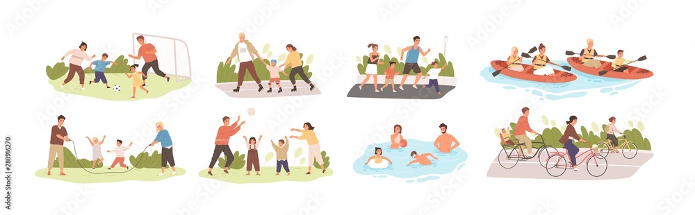 Family activities flat vector illustrations set. Happy childhood, active recreation. Happy parents and children cartoon characters pack. Outdoor games, football, roller skating, jogging and cycling. - obrazy, fototapety, plakaty 
