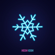 Snowflake Simple Luminous Neon Outline Colorful Icon On Blue Background.