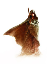 Fantasy Young Witch - Beautiful Woman With Cloak And Hood Holding A Magic Staff, On White Background (painting)