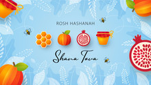 Jewish New Year, Rosh Hashanah Greeting Card. Vector Illustration With Apple, Pomegranate, Honey Gold Cell, Jar Of Honey And Honey Bee In Paper Cut Style. Holiday Banner. Light Blue Background.