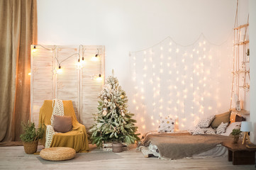 Wall Mural - Details of still life in the home interior living room, bedroom. Cozy autumn-winter concept. Beautiful apartment decorated for Christmas and New Year close-up and copy space. Stylish apartments in the