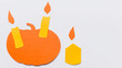Halloween decorations with paper pumpkins and candles on white background. Halloween and decoration concept. Flat lay, top view, copy space