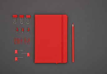 Wall Mural - Neatly organized red stationery flat lay on grey