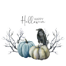 Watercolor Halloween Card With Crow And Pumpkins. Hand Painted Holiday Template With Gourds And Black Tree Isolated On White Background. Illustration For Design, Print Or Background.