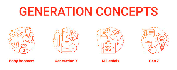Wall Mural - Generation red concept icons set. Age groups idea thin line illustrations. Baby boomers. Classic lifestyle. Generation X. Peer groups. Vector isolated outline drawings. Gen Z and millennials
