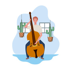 Poster - young man with fiddle and houseplants on macrame hangers of background