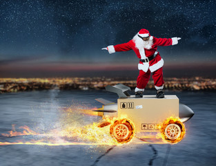 Sants Claus and super fast delivery of package service with box like a rocket.