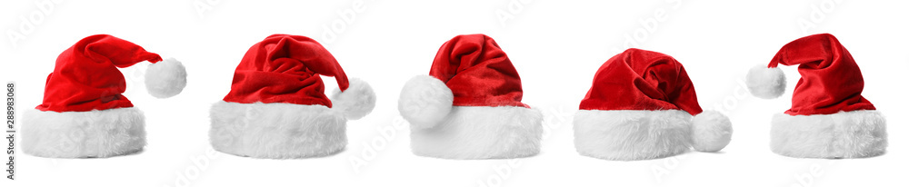Set of red Santa Claus hats on white background. Banner design - obrazy, fototapety, plakaty 