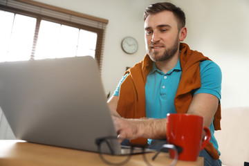 Wall Mural - Young man using laptop at table indoors