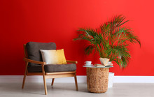 Stylish Room Interior With Modern Furniture And Houseplant Near Red Wall