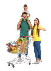 Canvas Print - Happy family with full shopping cart on white background