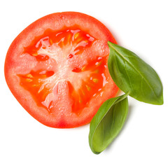  Slice of tomato and basil leaves isolated on white background. Top view, flat lay.
