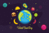 Fototapeta Kosmos - World Food Day illustration vector with background outer space. suitable for social media, banner , poster , Flyer and related with food