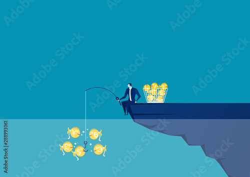 Cuadros en Lienzo Businessman sitting at the edge of cliff with fishing rod with a dollar Creative vector illustration for business and finance concept
