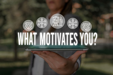 Wall Mural - Handwriting text What Motivates Youquestion. Conceptual photo know reasons why you want to wake up each morning Woman wear formal work suit presenting presentation using smart device