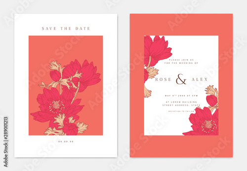 Minimalist botanical wedding invitation card template design, anemone flowers...