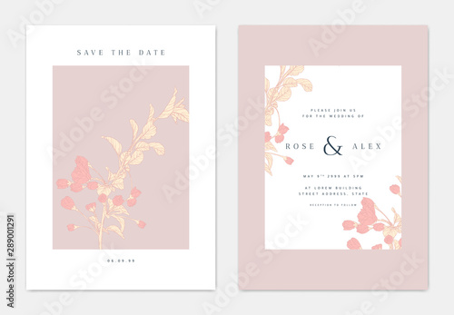 Minimalist botanical wedding invitation card template design, sakura flowers ...